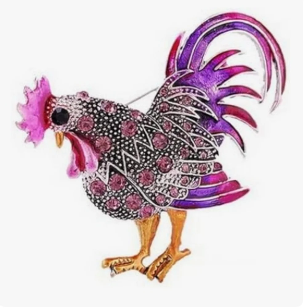 Crystal Embellished Rooster Brooch in Pink and Purple